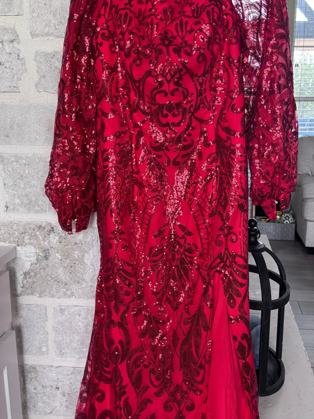 SHEIN Red Sequin Embellished Long Sleeve Evening Dress
